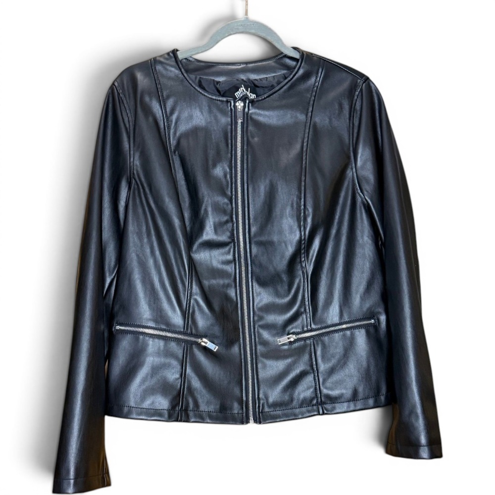 Mark Alan New York Black Faux Leather Zip Front Collarless Jacket Womens L NWOT